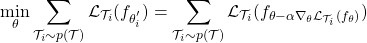 \begin{align*}\min_{\theta} \sum_{\mathcal{T}_{i} \sim p(\mathcal{T})} \mathcal{L}_{\mathcal{T}_i}(f_{{\theta}_i^{'}}) = \sum_{\mathcal{T}_{i} \sim p(\mathcal{T})} \mathcal{L}_{\mathcal{T}_i}(f_{\theta - \alpha \nabla_\theta \mathcal{L}_{\mathcal{T}_i} (f_\theta)}) \end{align*}