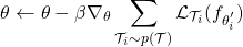 \begin{align*}\theta \leftarrow \theta - \beta \nabla_{\theta} \sum_{\mathcal{T}_{i} \sim  p(\mathcal{T})} \mathcal{L}_{\mathcal{T}_i}(f_{\theta_{i}^{'}})\end{align*}
