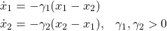 \begin{align*}\dot{x}_1 &= - \gamma_1(x_1 - x_2)\\\dot{x}_2 &= - \gamma_2(x_2 - x_1), \hspace{3mm} \gamma_1, \gamma_2 >0\end{align*}